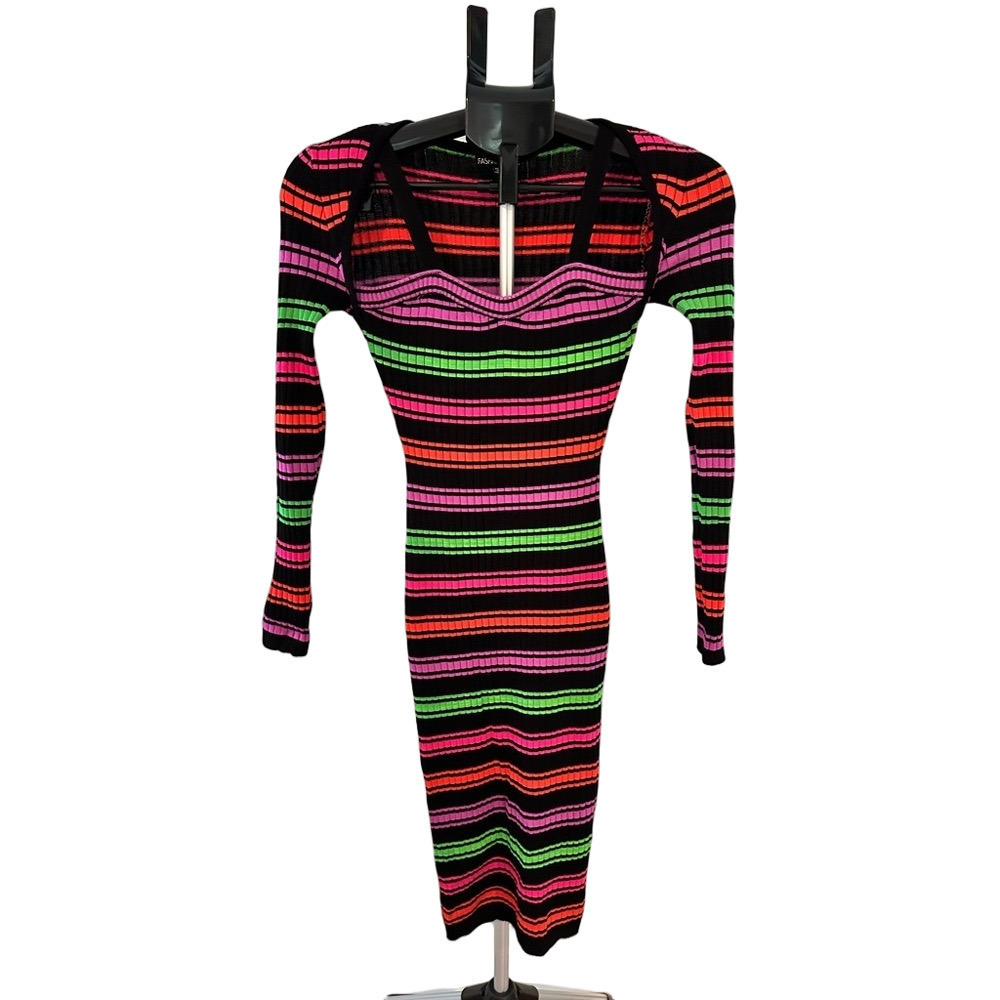 BLACK LONG SLEEVE MULTI COLORED STRIPE MIDI DRESS